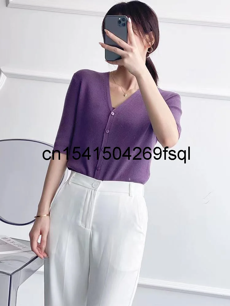

Runway Designers Tops for Women 2021 Summer Vintage Knitted Sweater V-Neck Single Breasted Women Half Sleeve Wool Cardigan Mujer