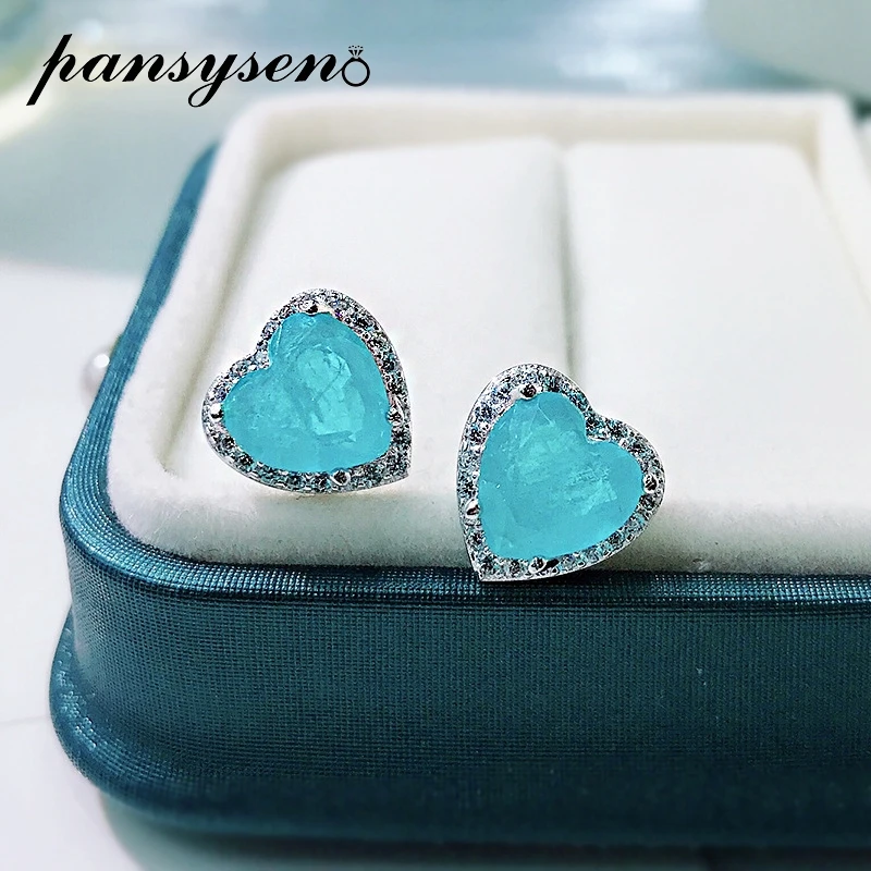 

PANSYSEN 100% 925 Sterling Silver Heart Paraiba Tourmaline Diamond Cocktail Party Stud Earrings Female Fine Jewelry Wholesale
