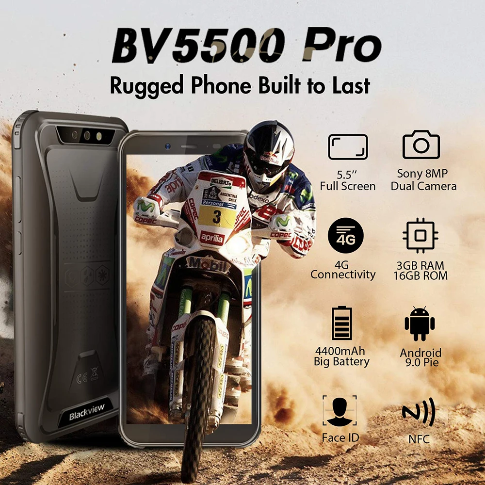 Blackview BV5500 Pro IP68 Водонепроницаемый 5," прочный смартфон 4400 мАч 3 ГБ+ 16 ГБ Android 9,0 пирог 4G открытый мобильный телефон