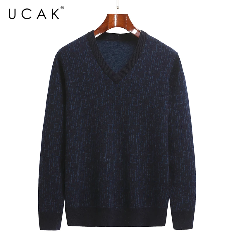 

UCAK Brand Classic Pure Merino Wool Men Sweaters V-Neck Streetwear Casual Sweater Pull Homme Autumn Winter Thick Pullover U1304
