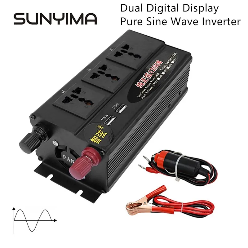 

SUNYIMA 1200W Pure Sine Wave Inverter DC12V/48V To AC220V 50HZ Dual Digital Display Power Inverter Dual USB Switch Converter