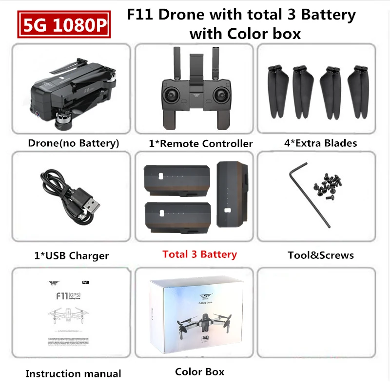 1080P 3B Color Box SJRC F11 PRO gps Дрон с 2 K/1080 P wifi камерой Квадрокоптер оптический поток Квадрокоптер 28 мин Время полета Дрон Vs SG906 B4W E520S - Цвет: 1080P 3B Color Box