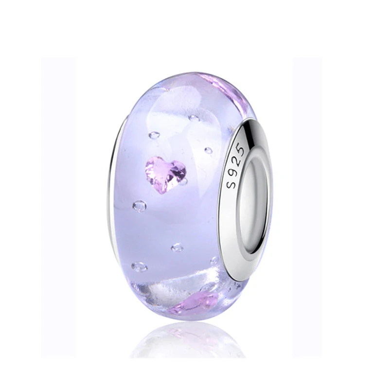Heart Light Purple 925 пробы, серебряные стеклянные бусины, шармы, подходят для браслетов Pandora, Радужное граненое муранское стекло, шарм, сделай сам, изготовление ювелирных изделий - Цвет: Heart Light Purple