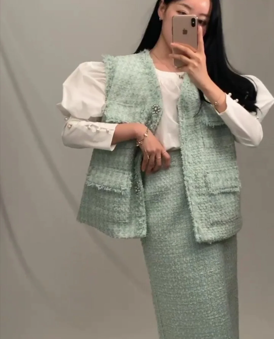 

3Piece Sets Women Korean Chic Round Neck Bubble Sleeve Shirt Tweed Vest Coat High Waist Long Skirt Matching Outfits Autumn