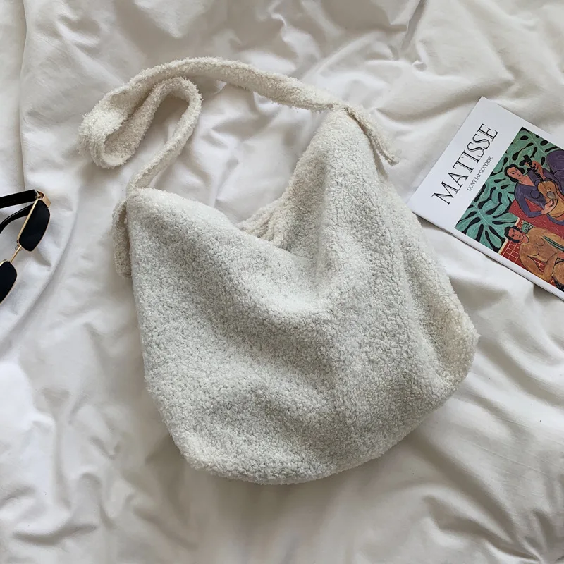 

College Korean Japanese Style Women's Soft Fashionable Woolen Cloth Bag Lightweight Cloth Bag Handbag Shoulder Bag Totes