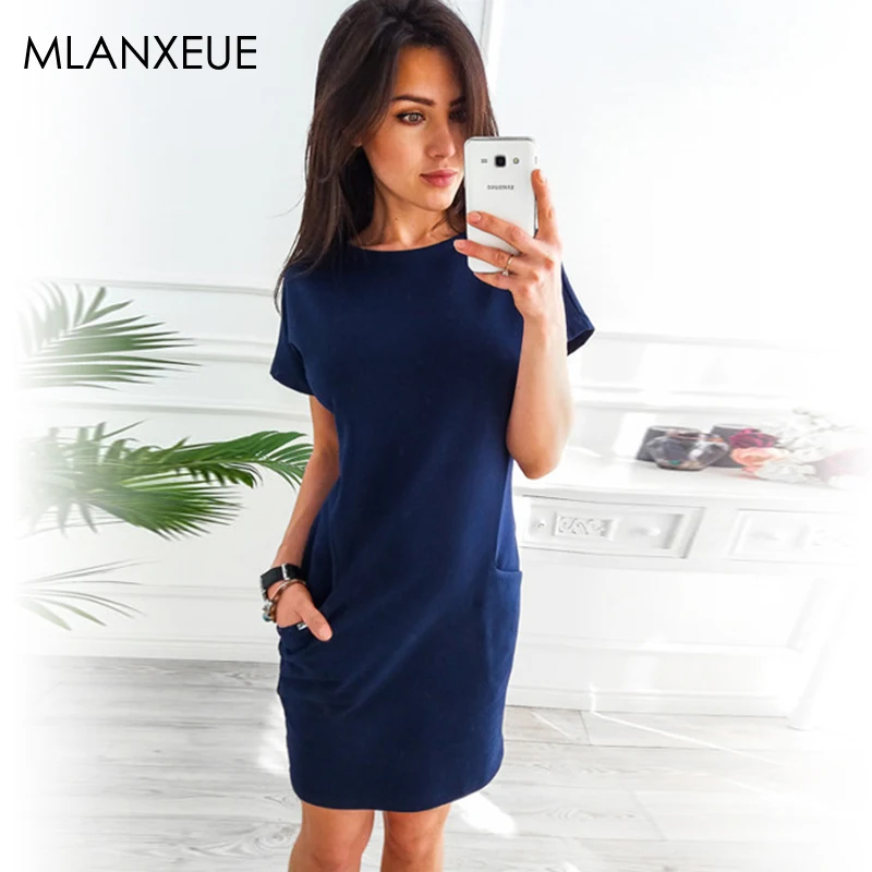 Женское платье с круглым вырезом и коротким рукавом свободные прямые модные