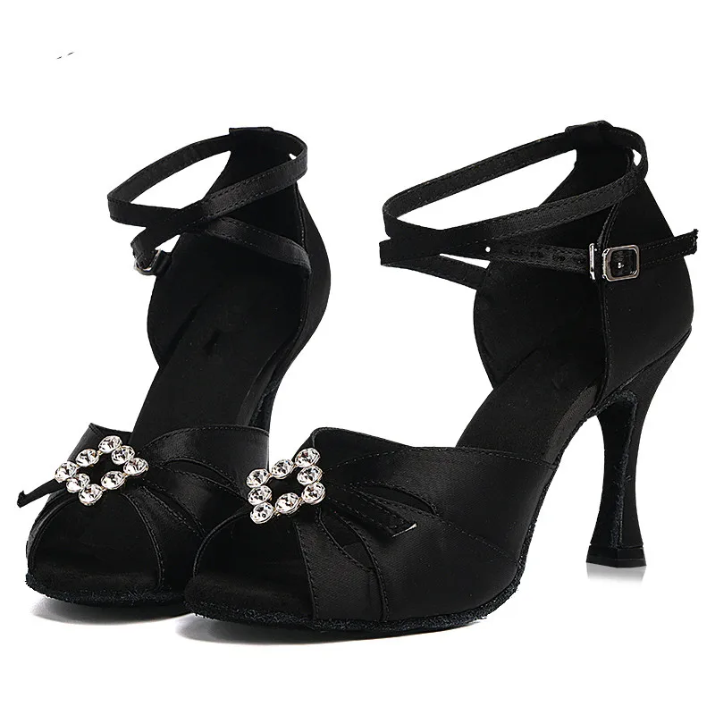 Женская обувь для латинских бальных танцев черные атласные стразы танцевальная