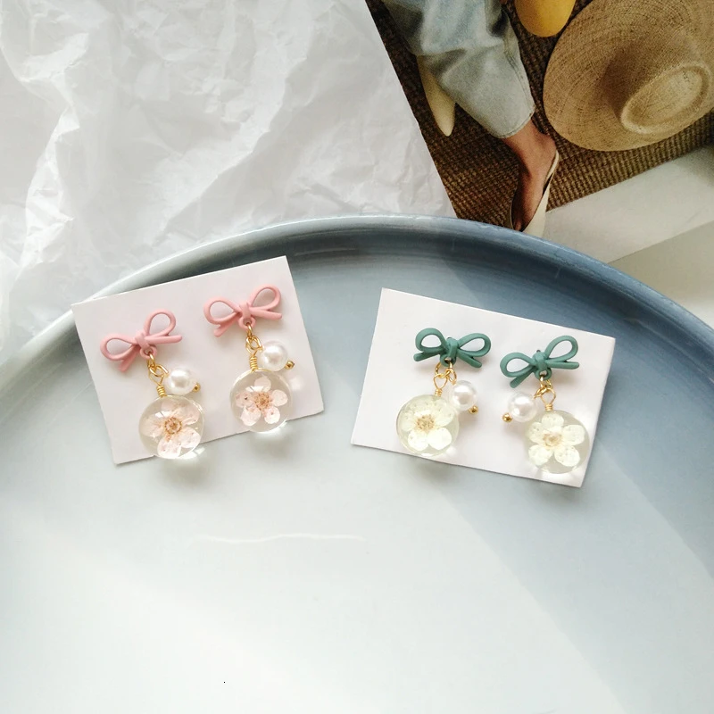 Серьги подвески в виде цветка с прозрачным бантом милые цветочные серьги без