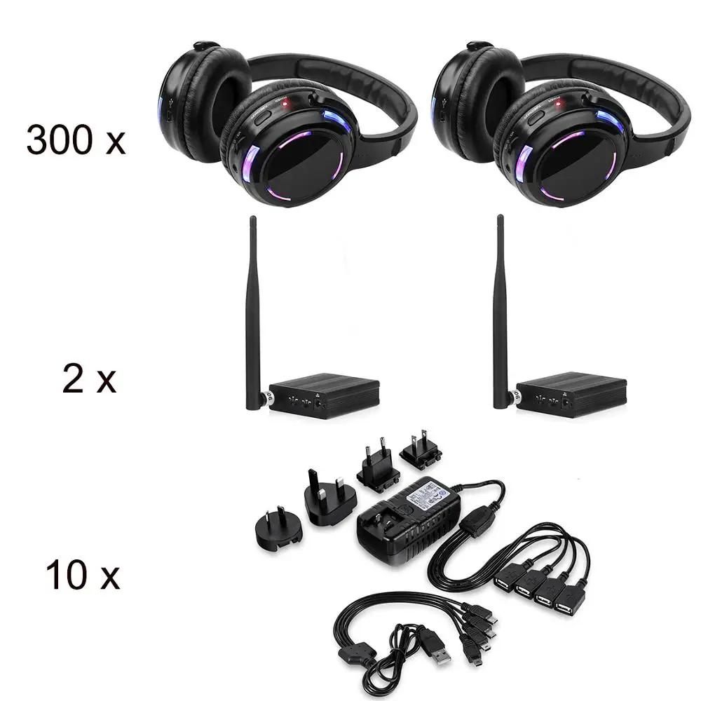 Заводская Продажа светодиодный бесшумный диско 300 шт. наушники с 2 передатчиками +