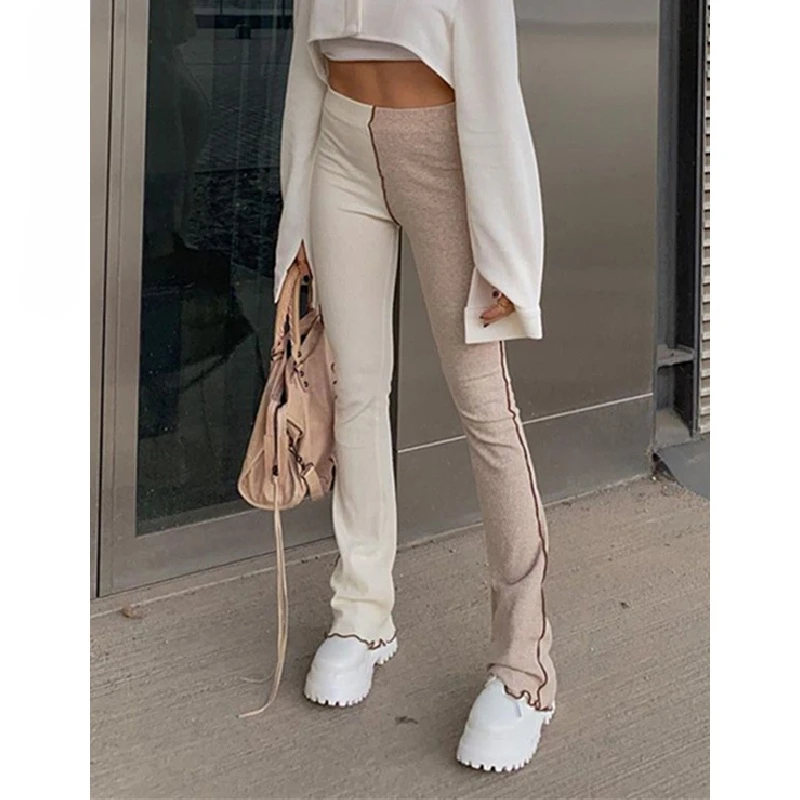 

Contrast Stitch Patchwork Knitted Flare Pants Y2k Women Clothing High Waist Sweatpants Stretch Skinny Joggers