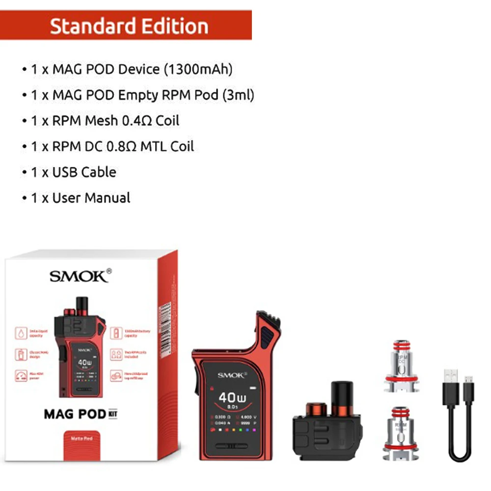 Original SMOK MAG Pod KIT 1300mAh 40W Electronic Cigarette Vape Box Mod 3ml RPM Coil Vaporizer Vaper VS RPM4 RPM80 NOVO 4 Nord |