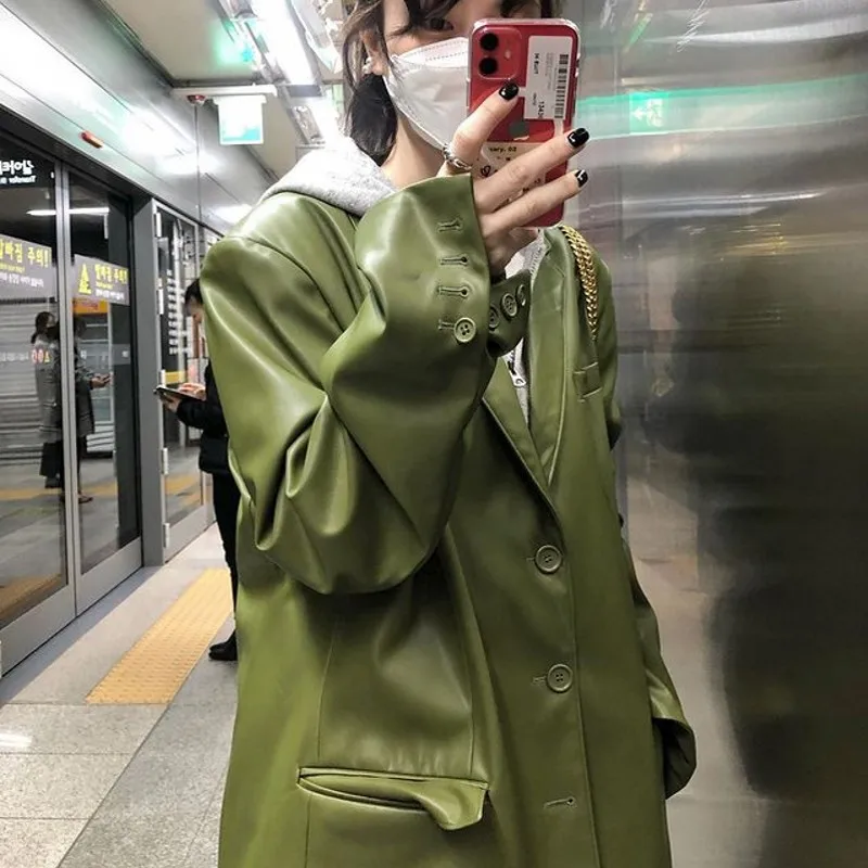Loose Fit Green Pu Leather Big Size Leisure Jacket New Lapel Long Sleeve Women Coat Fashion Tide Spring Autumn 2021