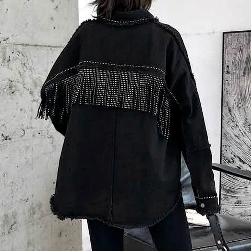 NEW Women's Black Long Sleeve Lapel Slim Fringe Decorative Jacket Autumn Hot Drilling Raw Edge Casual Street Coat Female S-2XL
