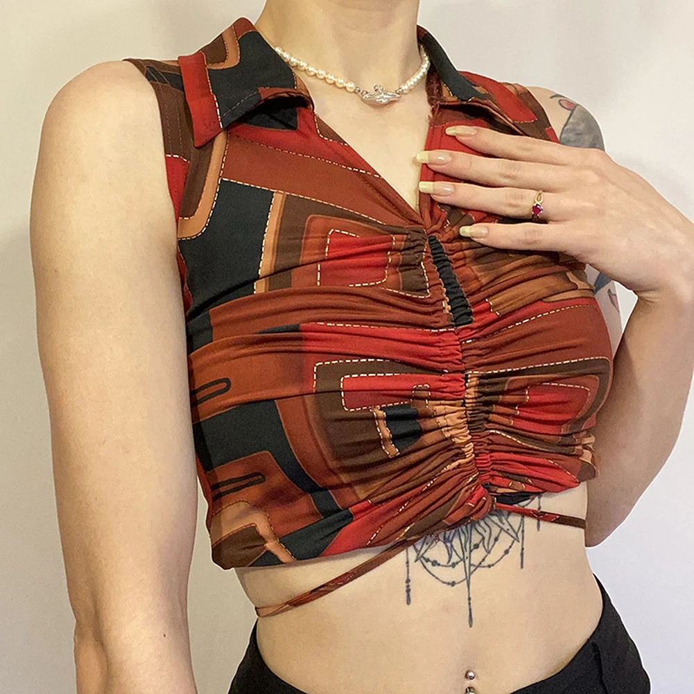 

Печатные Винтаж Топы Ruched шнурок Y2K Топ отложной корсет с воротником Топ женский летний пот элегантные 90s