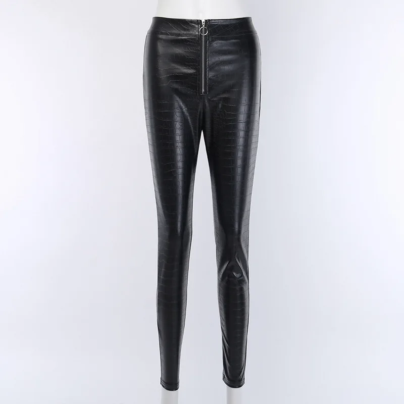 

Winter Black Crocodile Pattern PU Leather Pants Women High Waist Zipper Waist Slim Trousters Ladies Women