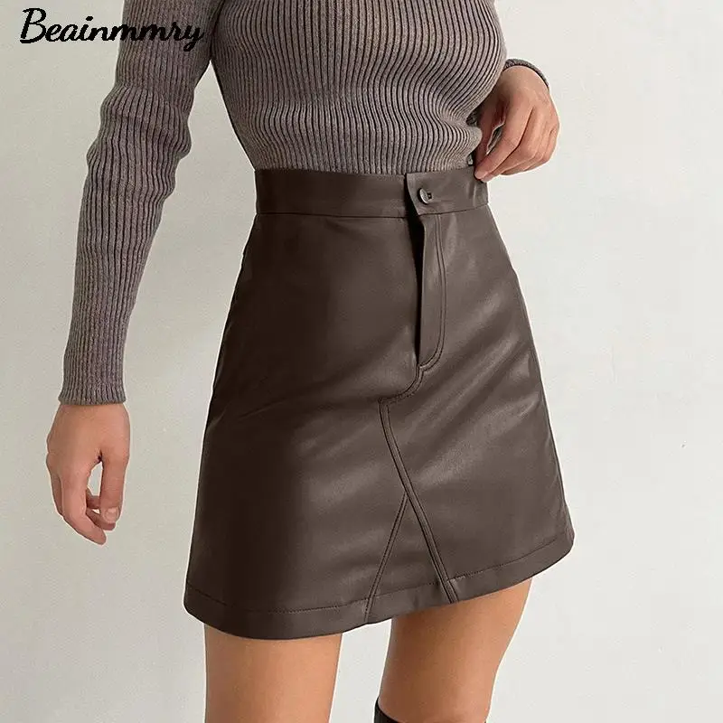 

2021 Women Faux Leather High Waist Mini Skirts A-Line Slim Solid Autumn Wild Skirt Female Casual Buttons Patchwork Pu Skirt