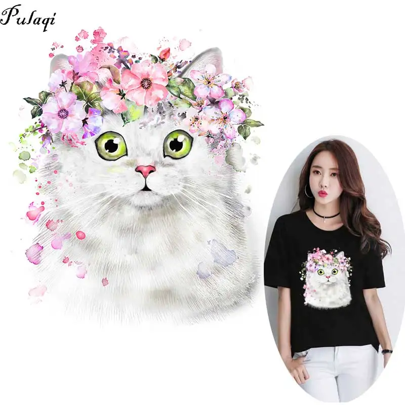 Мода Кот гладить на нашивки термо Стикеры для одежды одежде цветы в полоску