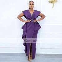 purple satin evening dress party wear front split 2021 v neck vestidos de noche aso ebi african prom gowns custom size