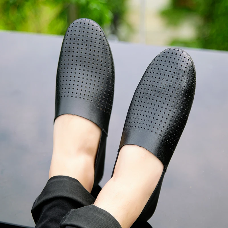 Лоферы мужские из натуральной кожи дышащие без застежки удобная деловая обувь