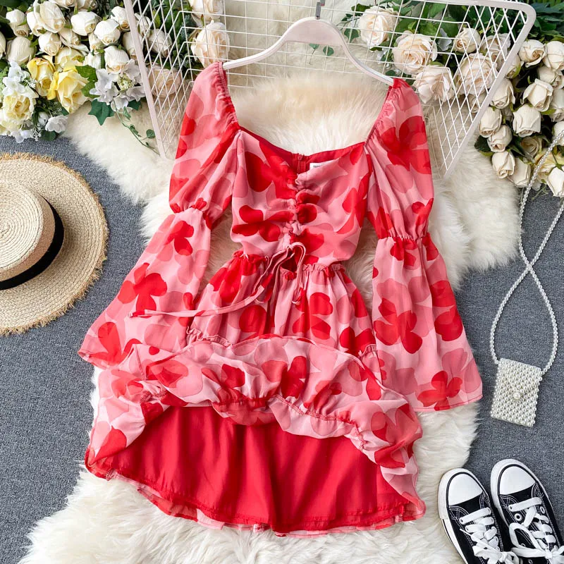 

Dress Woman 2021 Party Flared Sleeves Red Printed Elegant Short Hollow Out Cute Dresses A-line Mini Women Dress