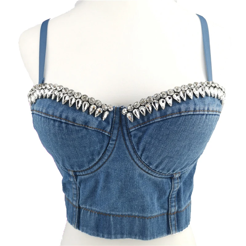 

WYS.JL Girls Sexy Denim Vest Corset Top Three-Dimensional Gathering Outside Wearing Sling Water Drop Diamond Nail Beads Crop Top