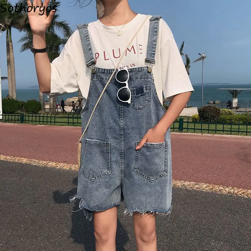 

Rompers Women Fur-lined Summer Ripped Casual Sweet All-match Students Korean Style Vintage Retro Hip-hop Chic Baggy Trousers New