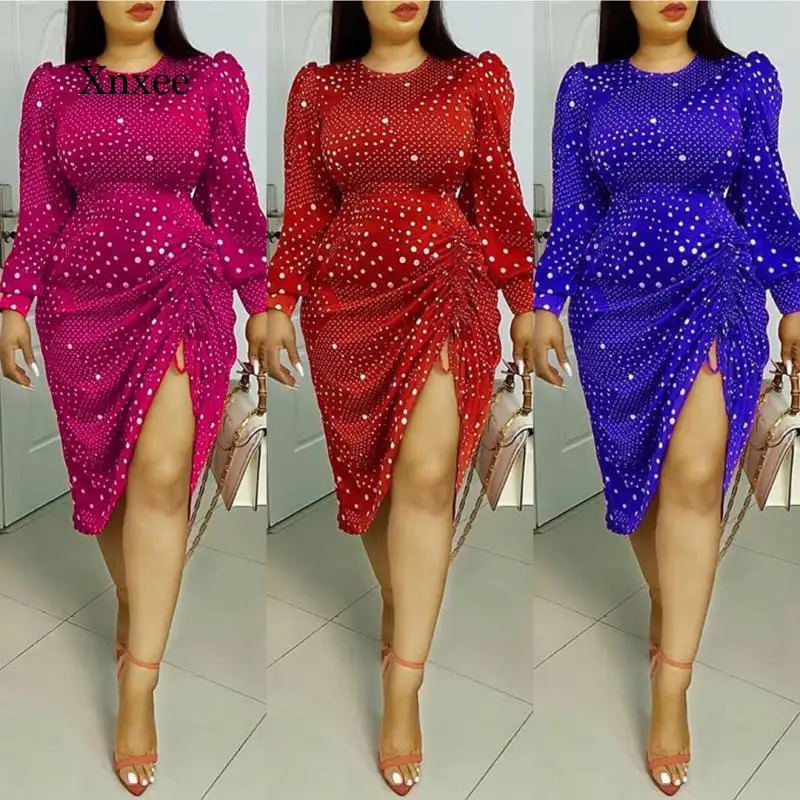 

Women Long Sleeve Polka Dot Dress Elegant Twist Slit Evening Party Dresses