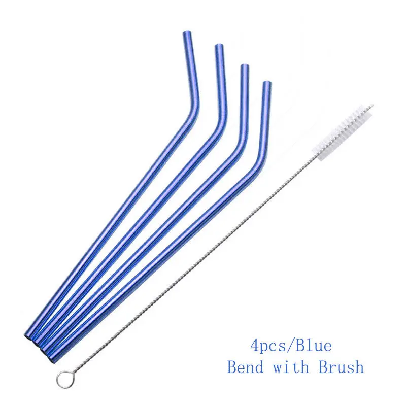 4 Blue Bent 4/8 шт 7 цветов металлическая соломинка из нержавеющей стали для питья в многоразовых соломинках - Цвет: 4 Blue Bent