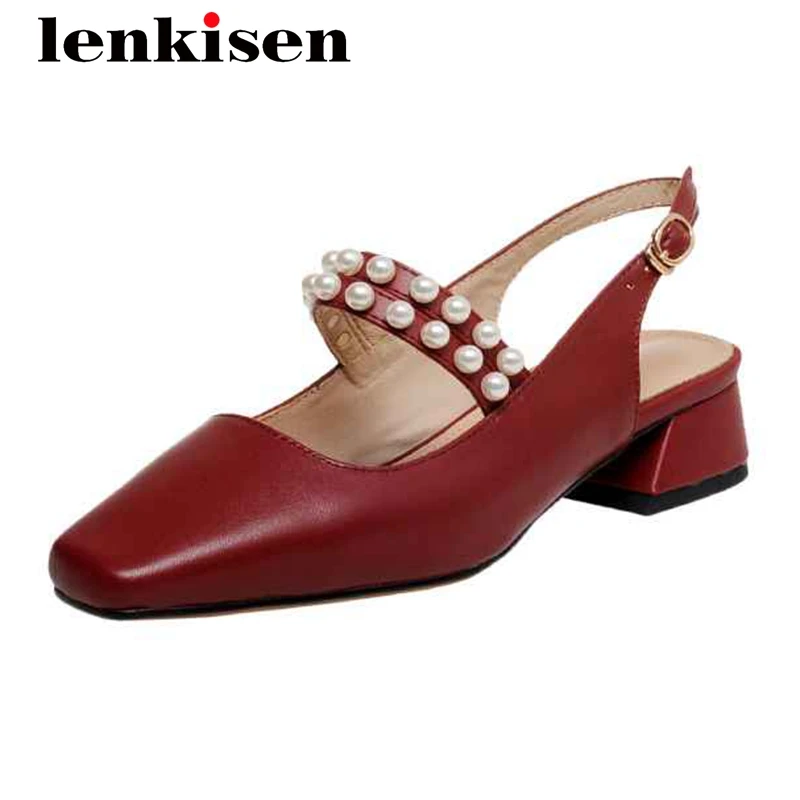 

Lenkisen european style gladiator natural leather pearl decorations square toe thick med heel buckle straps soft women pumps L71