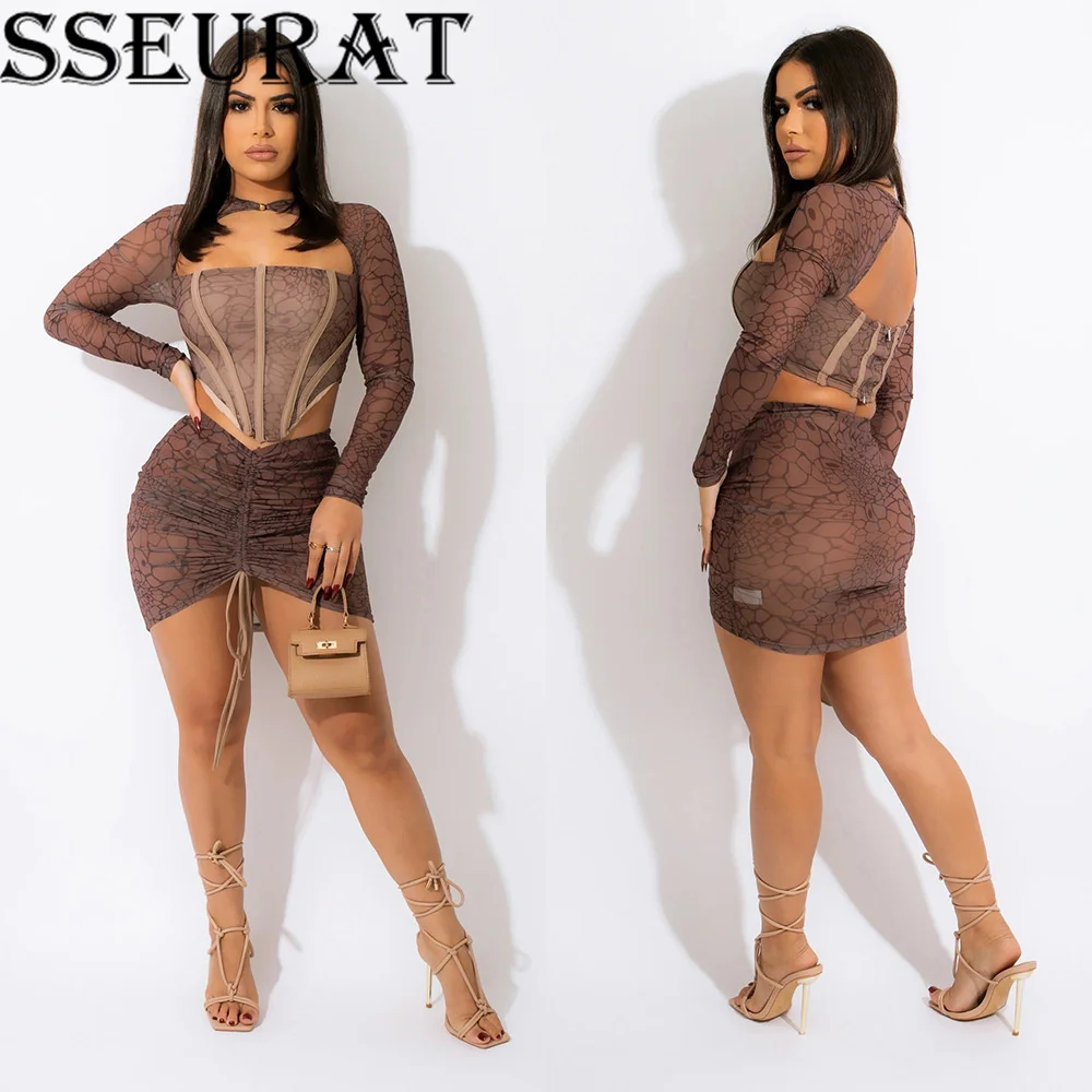 

SSEURAT Sexy Woman Two Piece Set Printed Mesh Sheer Corset Top and Mini Skirts Suit Party Club Outfits
