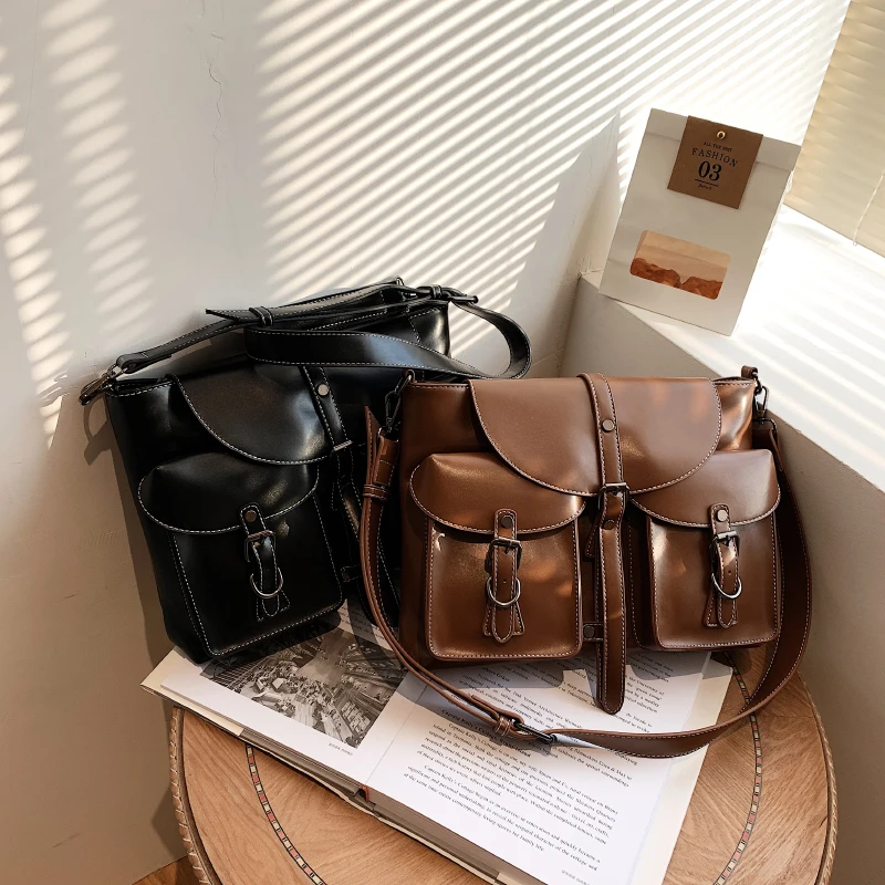 Retro Multiple Pockets Bag PU Leather Crossbody Bags for Women 2022 Hit Trend Women's Branded Trending Side Bag Shoulder Handbag