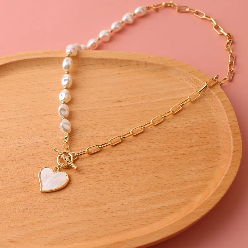 

High Quality Pearl Chain Heart Necklace Luxury Fashion Romantic Gift Sweater Opal Pendant Elegant Women Girls Jewelry Wholesale