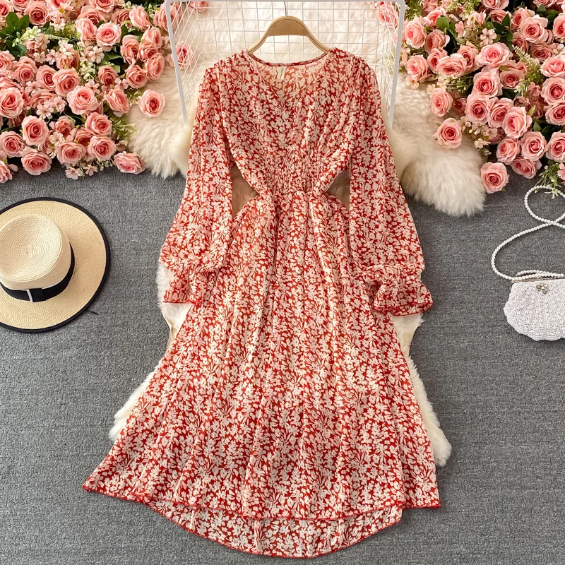 

Осеннее французское праздничное шифоновое платье с тонкой талией и V-образным вырезом, Цветочное платье с большими расклешенными рукавами ...