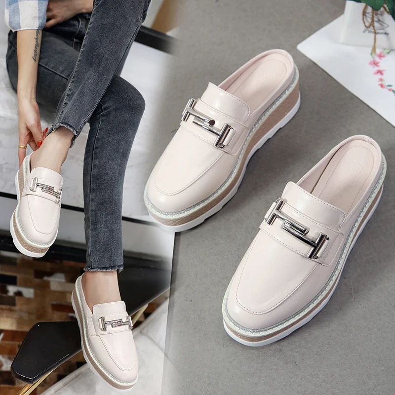 

Shoes Woman Wedges Slippers Metal Decoration Platform Heels Mules Closed Toe Shoes Slides Loafers Sandalias Mujer Black Apricot