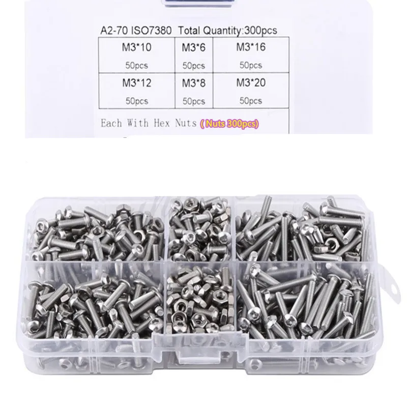 

600Pcs/set M3 M2 M2.5 Screws Nuts Set Stainless Steel Hex Socket Button Head Assortment Kit Fastener Hardware With Box Bolt