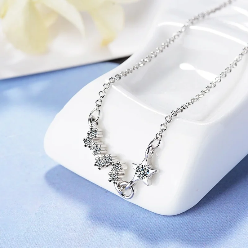 

POPACC 925 Sterling Silver Zircon Star Necklace Short Chain Clavicle Necklace For Women