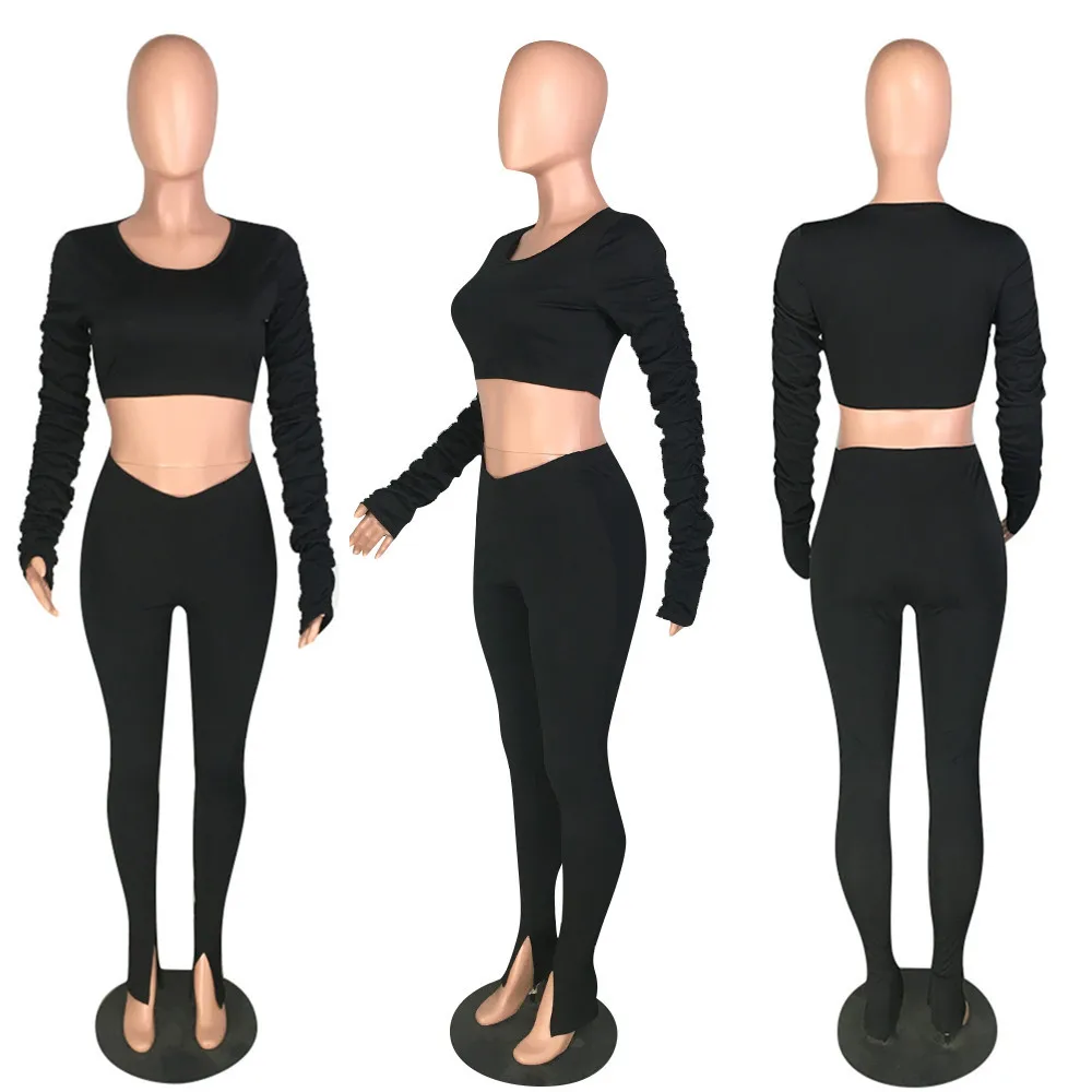 

Joskaa autumn new O-neck Pleated draped Long-Sleeved sexy Cropped Pants black Solid Color women blouses Two-Piece Set