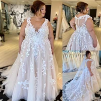 lace a line bohemian wedding dress with long veils for bride 2021 sleeveless appliqued plus size country bridal gown custom made