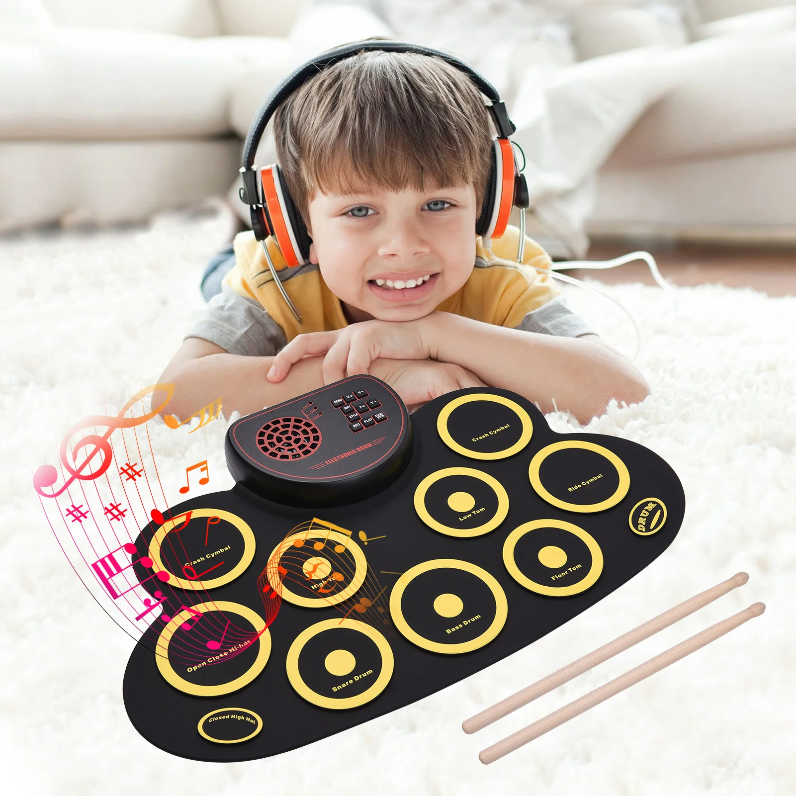 

Roll-up Electronic Drum Pad Digital Drum 10 Rhythms Record 3.5mm Microphone Input Headphone Monitoring External Speaker Output