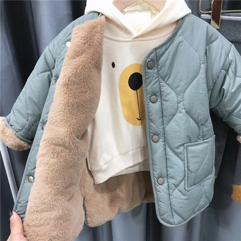 

Casual Children Spring Winter Fur Kids Girl Coat Teenage Thick Outwear Jackets High Quality Warm Fashion Plus Velvet Beige Gray