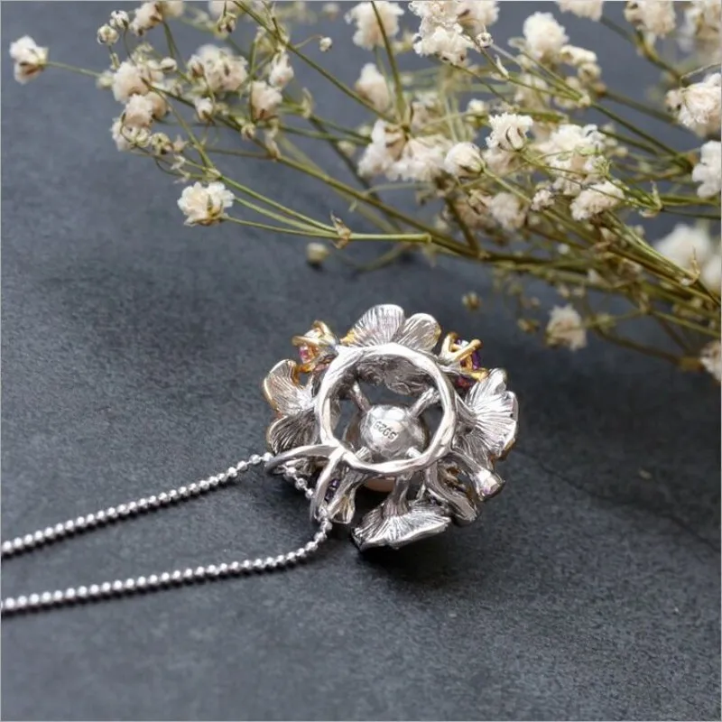 

s925 sterling silver jewelry hand-set natural pearl pendant colorful zircon flower pendant women's fashion silver pendant