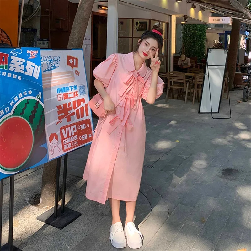 

Korean Summer New Sweet Girly Preppy Style Dress Kawaii Peter Pan Collar Single-breasted Bow Cute Puff Sleeve Vintage Long Dress