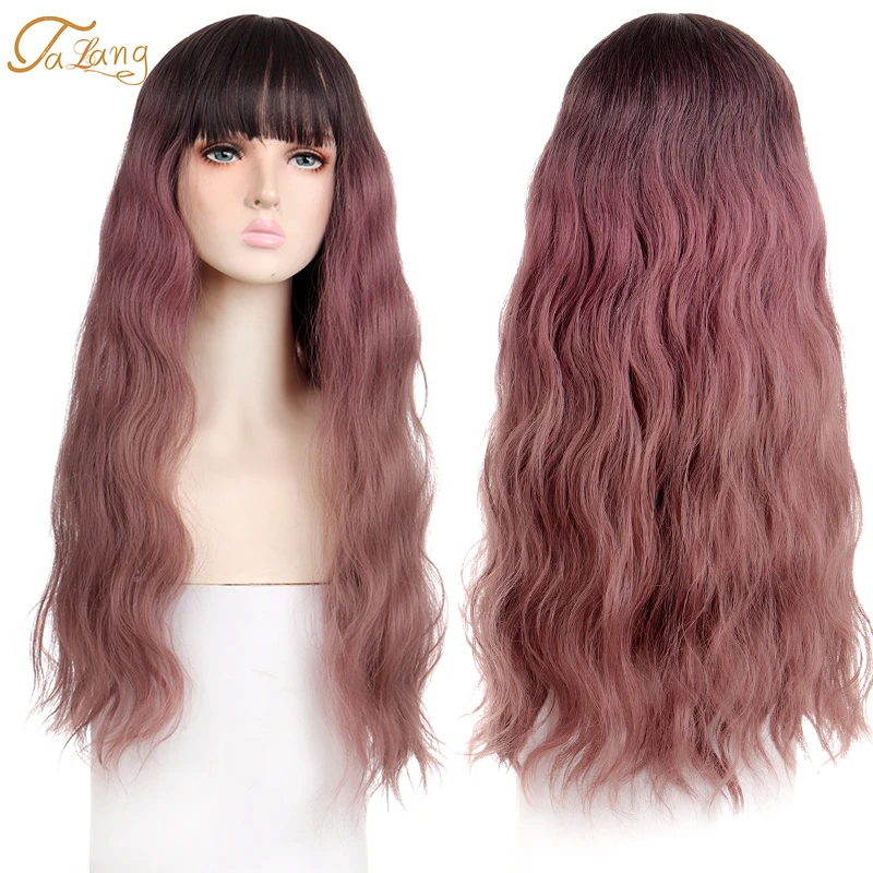 

Long Wave Curly Wig With Bangs For WomenRose gradient purple Heat Resistant Synthetic Hair Christmas Cosplay Wig Lolita Wigs