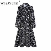 wesay jesi za vintage high waist printed floral casual dress womens print slim mid calf dresses sweet long dress for ladies