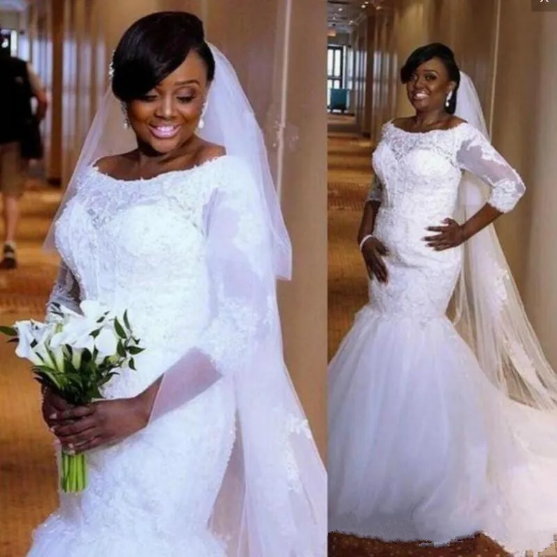 

Vintage Plus Size Wedding Dresses Bridal Gowns Lace Appliques Off Shoulder 3 4 Sleeve Mermaid Wedding Dress Sweep Train Country