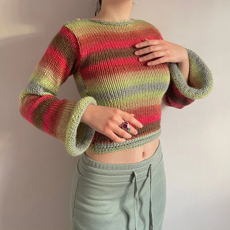 

Y2k Women Vintage Rainbow Striped Knitted Sweaters Autumn Winter Color Block Flare Sleeve Cropped Pullovers Jumpers Streetwear