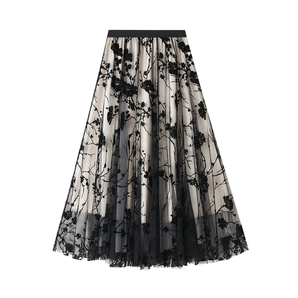 

2021 Spring Korean Floral Skirt QZ0245 Women Black Blue Apricot High Waist Tulle Long Skirt