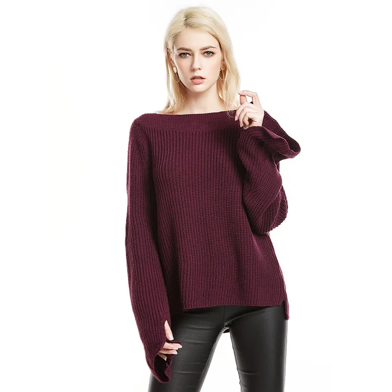 2019 женский Однотонный свитер с расклешенными рукавами джемпер пуловер Женский