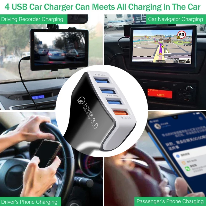 Автомобильное зарядное устройство Kebidu с 4 USB-портами быстрое QC 3.0 для iPhone Samsung