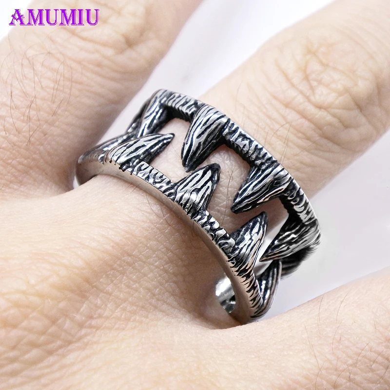 AMUMIU зубы дьявола животных Клык кольцо из нержавеющей стали Мужской Байкер Рокер